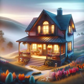 A digital painting depicting a cozy house with a porch, surrounded by flowers and a mountain backdrop. The scene is lit by a warm, sunset glow. A high-quality photo.