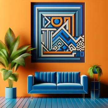 A 3D rendering of a living room interior with a blue velvet sofa, a potted plant, and a wall-mounted abstract artwork in vibrant orange, blue, and beige hues. A high-quality photo.