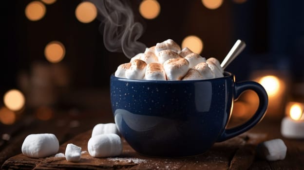 A photo of a mug of hot chocolate topped with marshmallows and sprinkled with cinnamon. The mug is on a wooden table with a blurry background of warm lights. A high-quality photo.