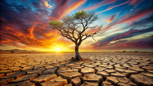 A photo of a single tree standing in a cracked, dry desert landscape. The scene is bathed in the warm light of a setting sun, creating a dramatic and symbolic image. A high-quality photo.
