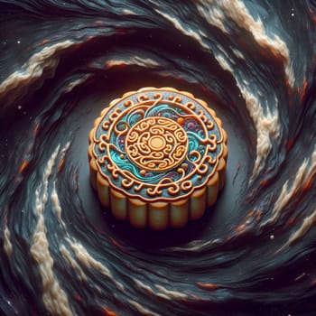 A 3D rendering of a mooncake with intricate designs against a swirling, galaxy-like background. The mooncake is a traditional Chinese pastry associated. A high-quality photo.