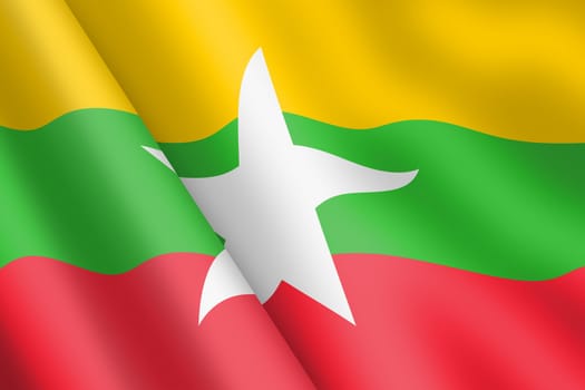 A Myanmar waving flag 3d illustration wind ripple yellow green red stripe white star
