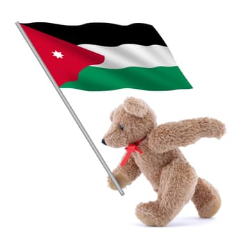 A Jordan flag being carried by a cute teddy bear