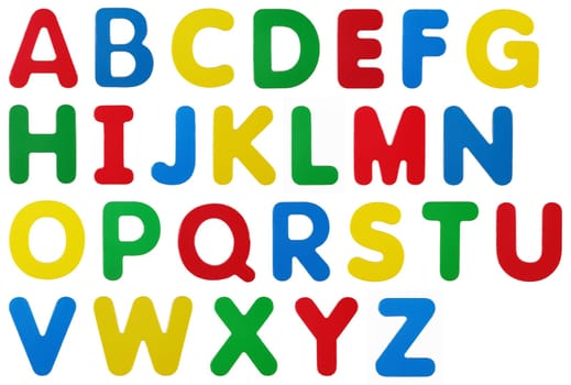 Alphabet upper case colored magnetic letters on white with clipping path