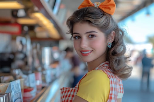 A beautiful woman sits at the counter of an American restaurant. Stylized from1940s - 1950s. AI generative.