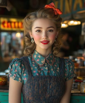 A beautiful woman sits at the counter of an American restaurant. Stylized from1940s - 1950s. AI generative.