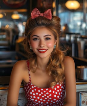 A beautiful woman sits at the counter of an American restaurant. Stylized from1940s - 1950s. AI generative.