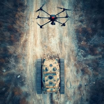A drone seen from above flies over the battlefield. Ai generative.