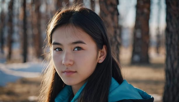 A young girl with long, dark hair and serious expression stands outdoors. A resident of Kazakhstan, a beautiful girl of 15 years old. Schoolgirl, student or applicant. Modern generation. AI generated.