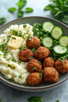 fried meatballs served with creamy mashed potatoes and a fresh green salad. AI generative.