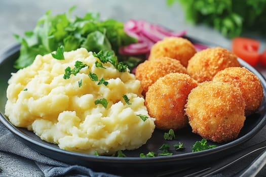 fried meatballs served with creamy mashed potatoes and a fresh green salad. AI generative.
