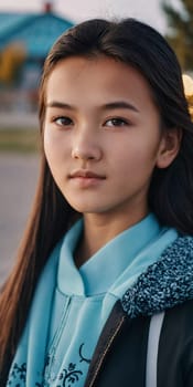 A young girl with long, dark hair and serious expression stands outdoors. A resident of Kazakhstan, a beautiful girl of 15 years old. Schoolgirl, student or applicant. Modern generation. AI generated.