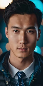 A young man with a confident expression poses against a backdrop of colorful lights at night in urban setting. A resident of Kazakhstan, a cute man of 25 years old. Student or applicant. AI generated.