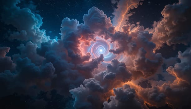 A colorful swirl of clouds in the sky with a bright red and orange center. The sky is filled with stars and the clouds are illuminated by lightning bolts
