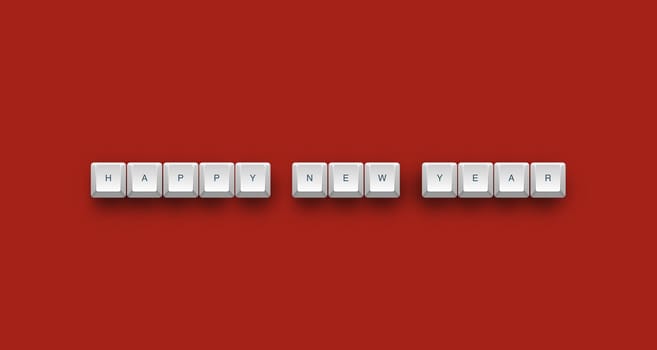 Happy new year text on a 3d keyboard button with shadow, 3d illustration