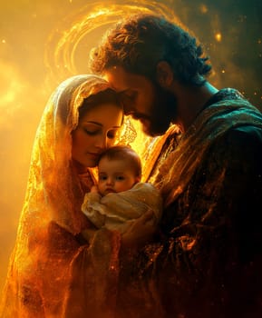 The painting depicts Mary, Joseph and the baby Jesus in a peaceful and holy scene, with Mary cradling Jesus in her arms and Joseph standing protectively by their side.AI generative.