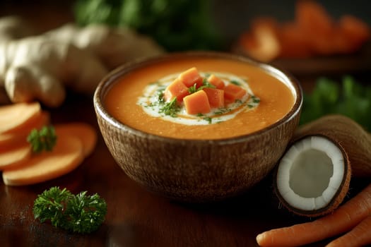 healthy pumpkin soup with ginger carrots and coconut milk . AI generative.