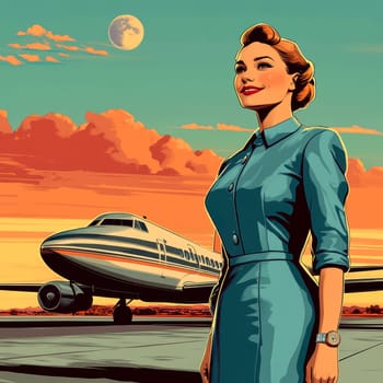 a young, beautiful flight attendant in a sweet, classic blue uniform with a slightly short dress, smiling next to the aircraft. AI generative.