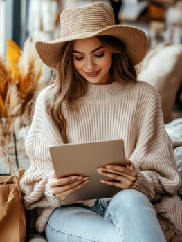 A person sitting comfortably at home makes purchases online. AI generative.