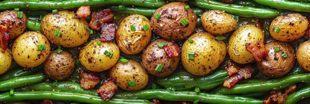 Rustic country-style dish with roasted new potatoes in a plate, tender green beans and crispy bacon bits. AI generative.