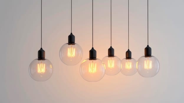 Loft modern pendant lamps with glowing  light bulbs. AI generated