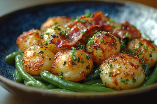 Rustic country-style dish with roasted new potatoes in a plate, tender green beans and crispy bacon bits. AI generative.
