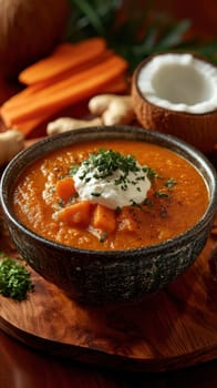 healthy pumpkin soup with ginger carrots and coconut milk . AI generative.