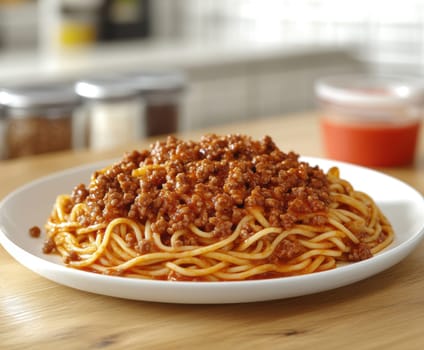 fettuccine with beautifully browned ground beef. AI generative.