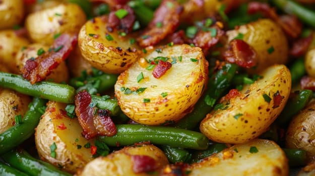 Rustic country-style dish with roasted new potatoes in a plate, tender green beans and crispy bacon bits. AI generative.