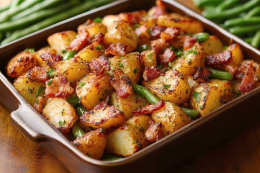 Rustic country-style dish with roasted new potatoes in a plate, tender green beans and crispy bacon bits. AI generative.