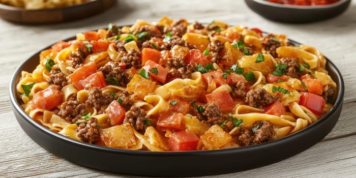 fettuccine with beautifully browned ground beef. AI generative.