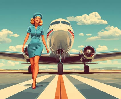a young, beautiful flight attendant in a sweet, classic blue uniform with a slightly short dress, smiling next to the aircraft. AI generative.