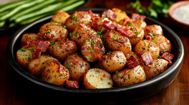 Rustic country-style dish with roasted new potatoes in a plate, tender green beans and crispy bacon bits. AI generative.