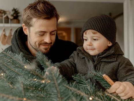 Dad and son decorating the Christmas tree . AI generative.
