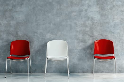Two red chairs and one white against gray wall background. AI generated