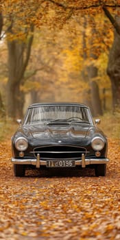 classic car on road with autumn landscape . AI generative.