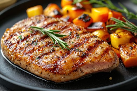 cooked duck breast, accompanied by a variety of caramelized vegetables. AI generative.