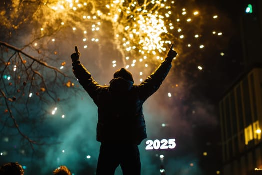 A person raises their arms in celebration as bright fireworks illuminate the night sky marking the beginning of the year 2025.