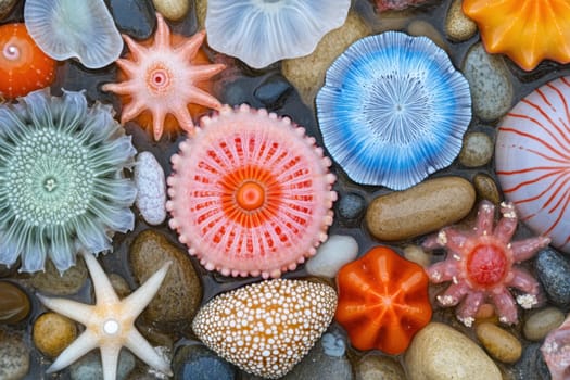 Colorful sea creatures and shells rest atop smooth pebbles near the shore displaying vibrant patterns and textures in shallow water.