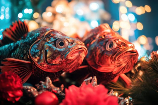 Two bright fish ornaments are displayed among festive decorations and lights creating a vibrant atmosphere for the celebration.
