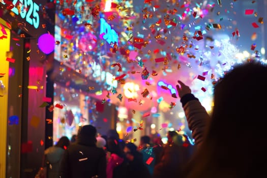 A lively celebration features colorful confetti showering down on a bustling city street with people enjoying the festive atmosphere at night.