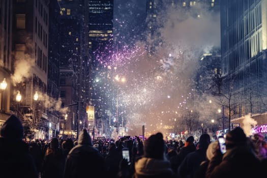 Crowds gather in a city street as vibrant fireworks light up the night sky creating a festive atmosphere during winter celebrations.