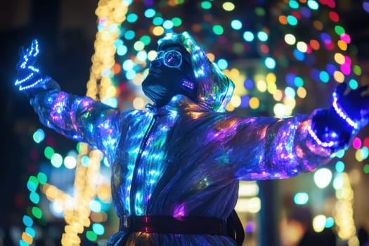 A performer in illuminated attire embraces the festive atmosphere at a vibrant light display while surrounded by colorful decorations.