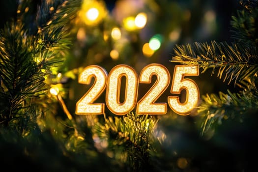 Golden numbers representing the year 2025 shine amidst festive green foliage and sparkling lights creating a joyful ambiance.