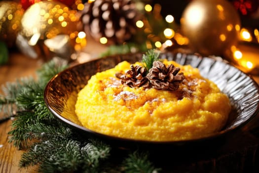A vibrant yellow dish is artfully arranged on a wooden table adorned with festive decorations and pine cones during a celebration.