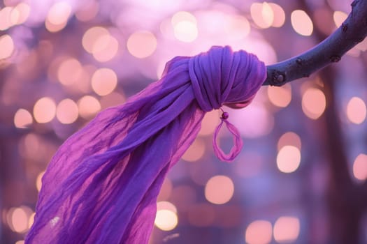 A vibrant purple fabric hangs gracefully from a tree branch illuminated by soft glowing lights during twilight.