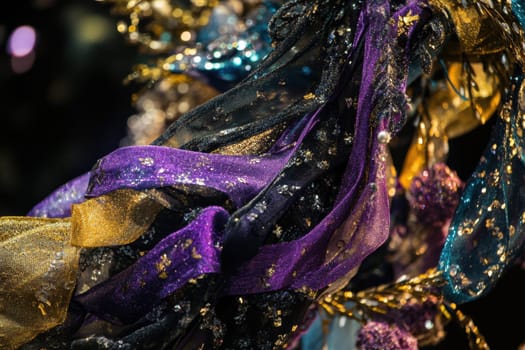 Vibrant ribbons of various colors intertwine shimmering with decorative patterns illuminated by gentle light to create an enchanting ambiance.