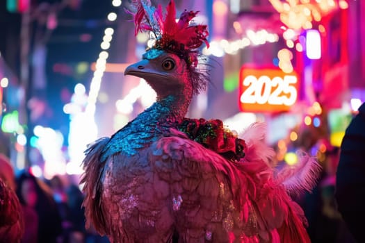 A performer dressed in a dazzling bird costume stands out amidst neon lights at a lively festival celebration.