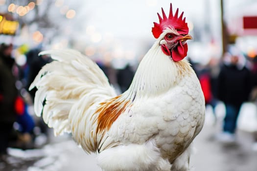 A striking white rooster with colorful feathers struts through a bustling crowd during a chilly winter day at a festive market.