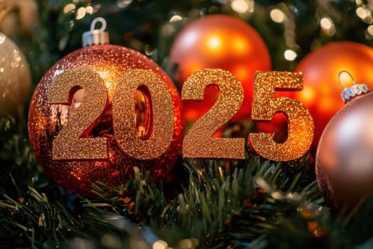 Decorative ornaments and a glittering 2025 shine brightly among evergreen branches as the festive season approaches.